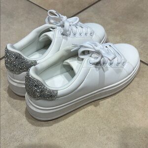 White and Silver Low-Top Sneakers with Sparkly Heel